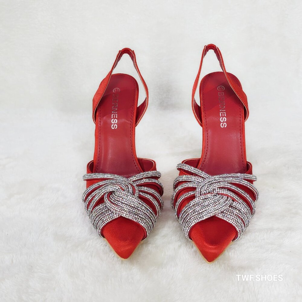 Elegance Slip on Slingback Red Satin Rhinestone Pointy Toe High Heels Shoes - Picture 9 of 12